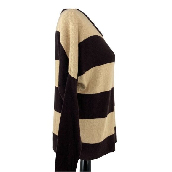 Covered by Suss Women's Tan Brown Striped Scoop Neck Designer Knit Sweater S/C44 - Picture 2 of 9